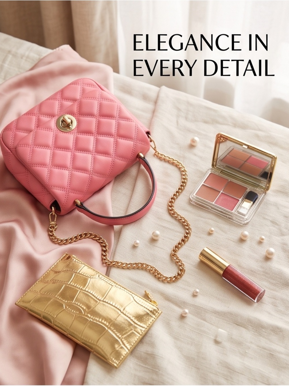 kate spade Quilted Pink Crossbody with Gold Chain & Estee Lauder make up bag